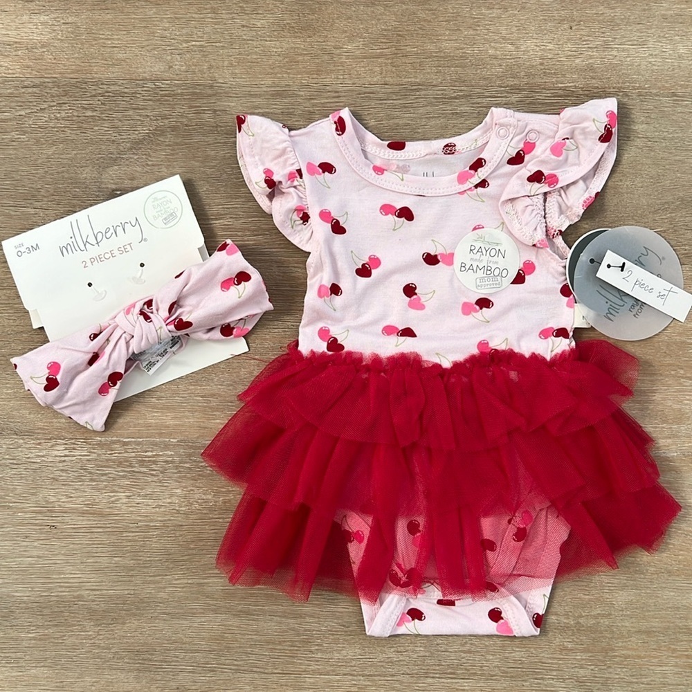 ❤️ Milkberry Baby Girl Bamboo Bodysuit Tulle Dress Headband 3-6 6-9 months